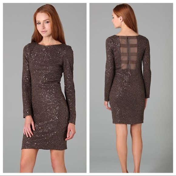 Alice + Olivia Nala Chocolate Knit Sequin Mini Dress Long Sleeves Brown Small - Picture 1 of 10